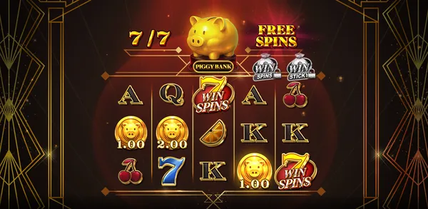 Free Spins in play, coin values on the reels and the Piggy Bank at 7 of 7
