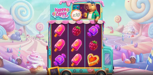 Base game on the 3x3 ice cream truck grid, x10 meter above the reels
